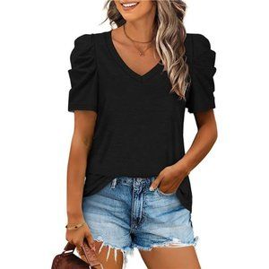 Womens Summer Shirt V Neck Casual Tshirts Puff Sleeve Top